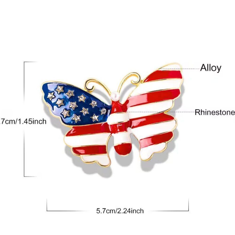 USA Butterfly Flag Brooch Red White & Blue Artificial Diamonds & Pearl Oil Drip - Picture 4 of 5
